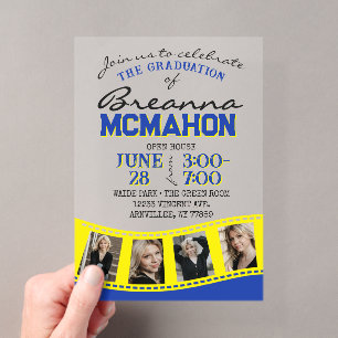 Invitations En Acrylique Bleu & Jaune Photo Graduation Filmstrip Frosted