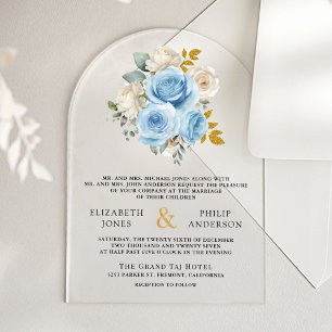 Invitations En Acrylique Bleu Or Ivory Floral Roses Mariage