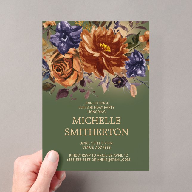 Invitations En Acrylique Bleu orange brûlé Vert floral 50e anniversaire (In situ (ordinateur de poche))