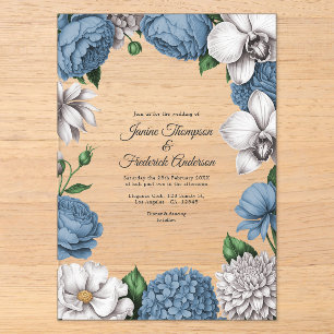 Invitations En Acrylique Bleu Poussiéreux et Gris Doux Mariage Botanique Mo