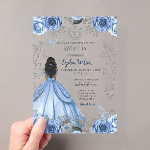 Invitations En Acrylique Bleu Poussiéreux Fleurs Argentées Princesse SWEET