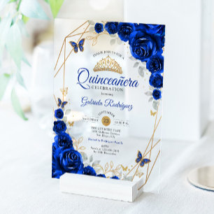 Invitations En Acrylique Bleu Royal Fleur Quinceanera Or