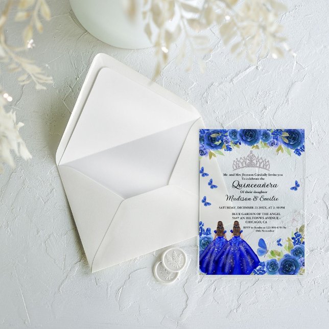 Invitations En Acrylique Bleu Royal Floral Papillon jumeau Quinceanera (Créateur téléchargé)