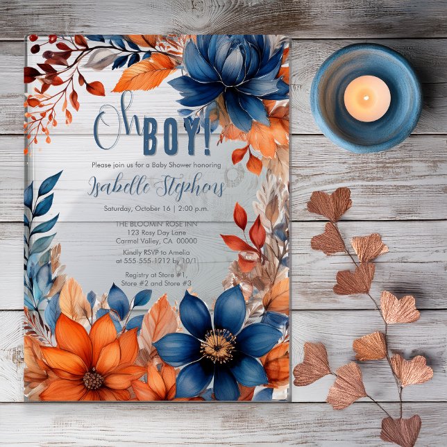 Invitations En Acrylique Bleu | Terracotta Oh Boy Fall Baby shower Floral (Boho Blue and Terracotta Fall |  Autumn Floral "Oh Boy!" Baby Shower Acrylic Invitation )