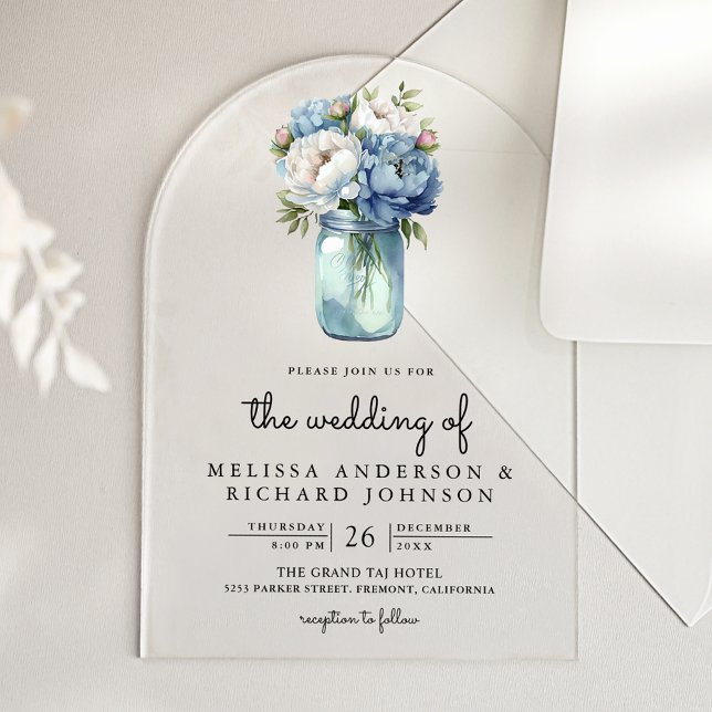 Invitations En Acrylique Blue and White Peony Mason Jar Wedding (Créateur téléchargé)