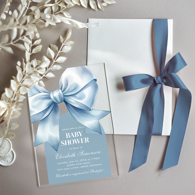 Invitations En Acrylique Blue Bow Baby Boy Elegant Baby Shower (Blue Bow Baby Boy Elegant Baby Shower Acrylic Invitations)
