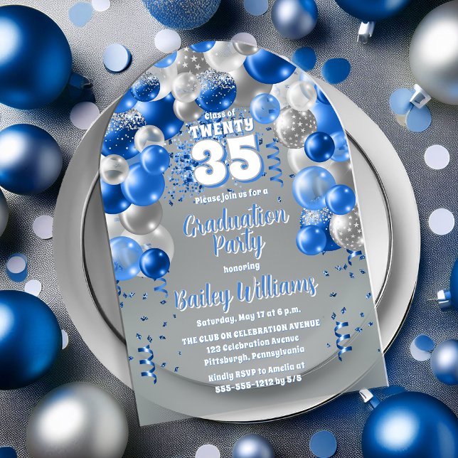 Invitations En Acrylique Blue Celebration Ballons Graduation Party (Blue and Silver Balloons Class Year Graduation Party Acrylic Invitations)