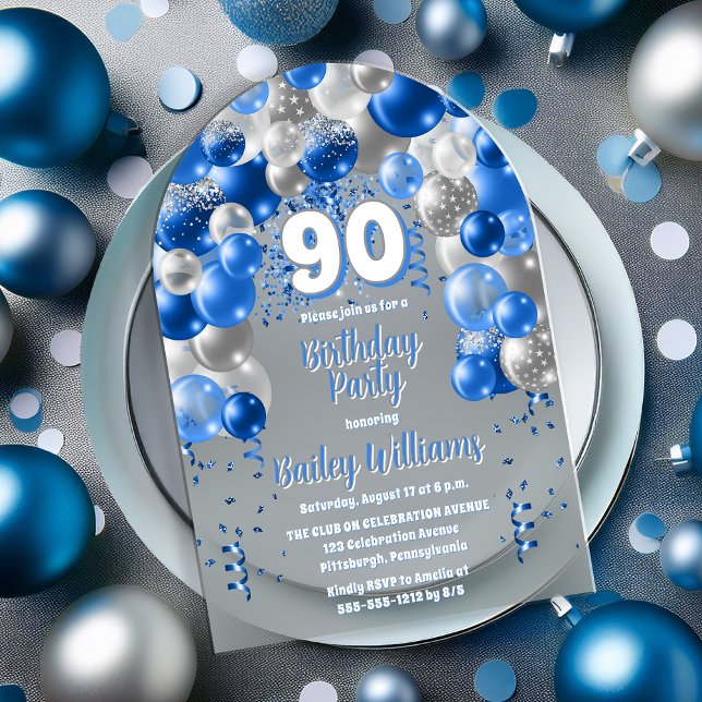 Invitations En Acrylique Blue Celebration Balloons 90e fête d'anniversaire (Blue and Silver Tone Celebration Balloons "90" 90th Birthday Party Acrylic Invitation)