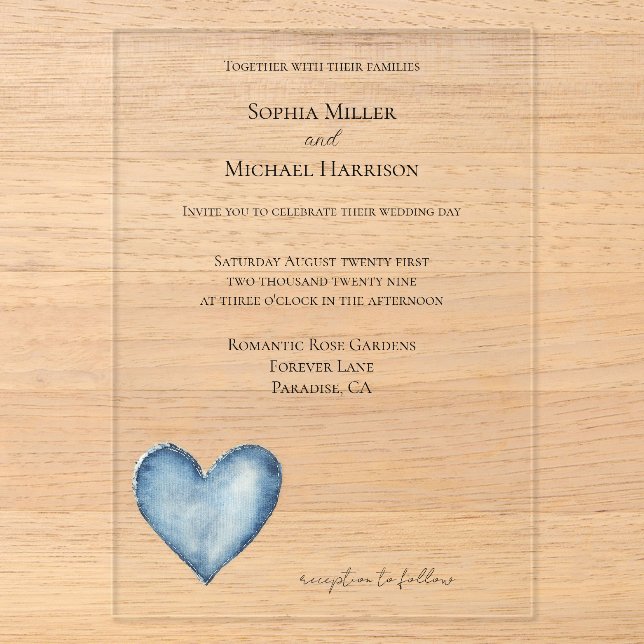 Invitations En Acrylique Blue Denim Jean Heart Wedding (Recto)