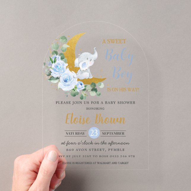 Invitations En Acrylique Blue Floral Elephant Moon Baby Boy Douche Arch (In situ (ordinateur de poche))