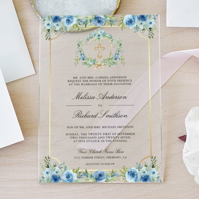 Invitations En Acrylique Blue Floral Gold Catholic Cross Wedding (Créateur téléchargé)