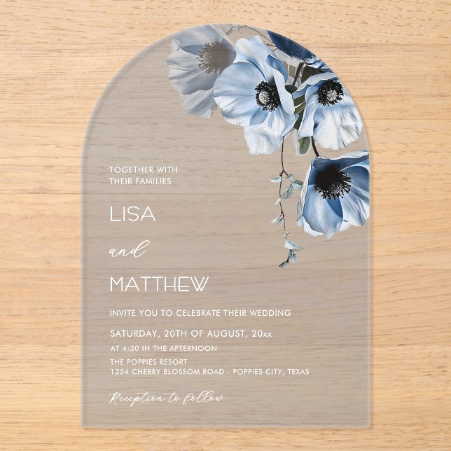Invitations En Acrylique Blue Flowers White (Recto)