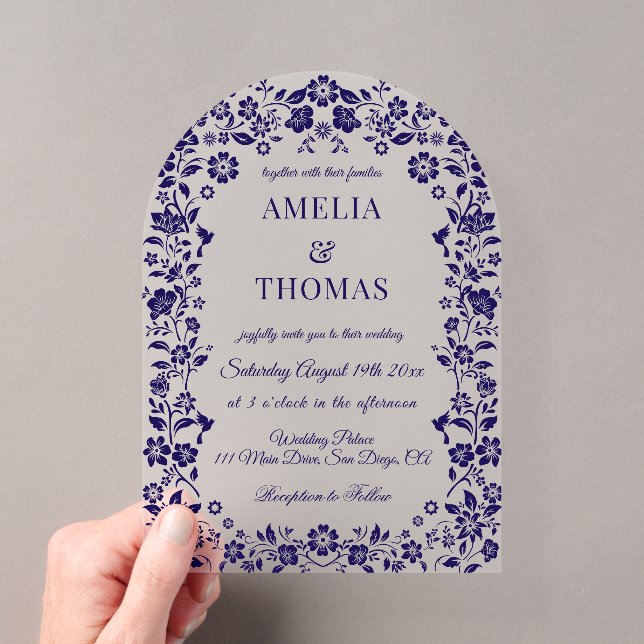 Invitations En Acrylique Blue Folk Art Floral Wedding  (In situ (ordinateur de poche))