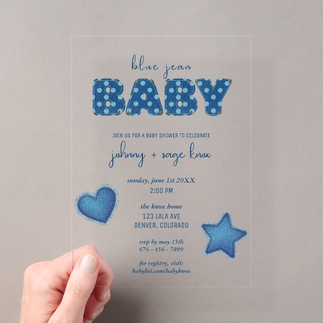 Invitations En Acrylique Blue Jean Baby | Baby shower moderne | Patchwork (In situ (ordinateur de poche))