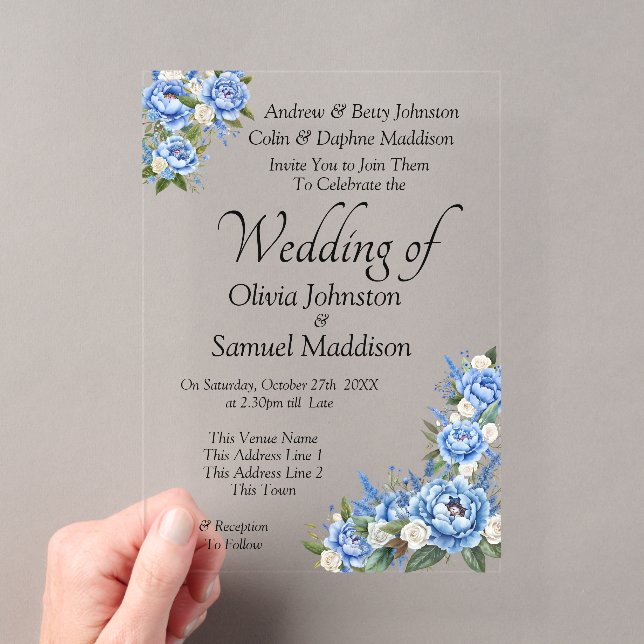 Invitations En Acrylique Blue Peony sur Blue Mariage Suite (In situ (ordinateur de poche))