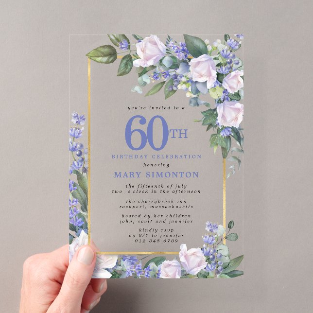 Invitations En Acrylique Blue White Gold Floral 60e anniversaire (In situ (ordinateur de poche))
