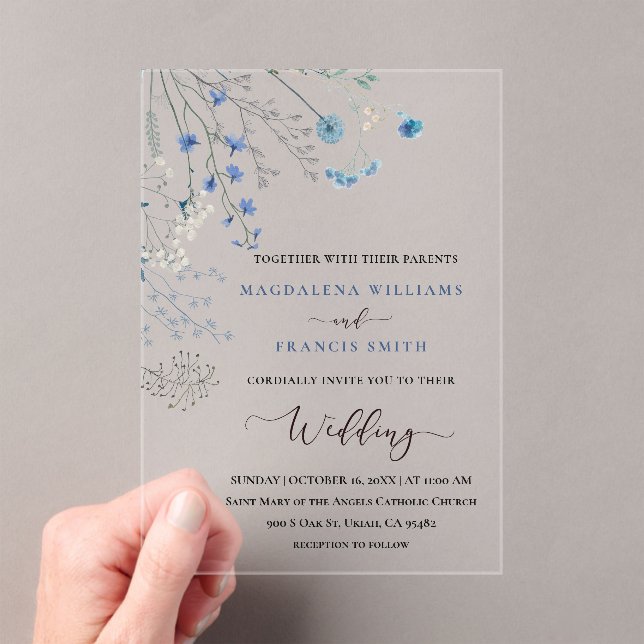 Invitations En Acrylique blue wildflowers wedding (In situ (ordinateur de poche))