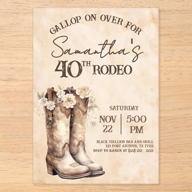 Invitations En Acrylique Blush and Boots 40th Rodeo Western Birthday (Recto)
