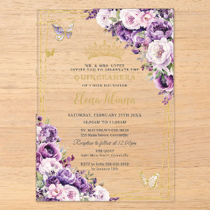 Invitations En Acrylique Blush de Lilas Violet Fleurs Quinceanera Acrylique