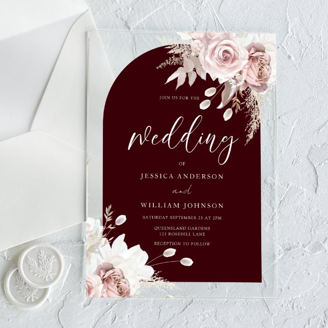 Invitations En Acrylique Blush Floral Deep Burgundy Arch Wedding (Créateur téléchargé)