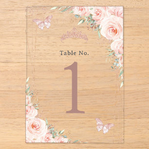 Invitations En Acrylique Blush Floral Rose Or Quinceanera XV Numéro de tabl