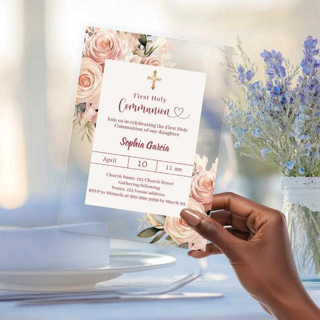 Invitations En Acrylique Blush Ivory dusty rose florals cleFirst Communion (Créateur téléchargé)