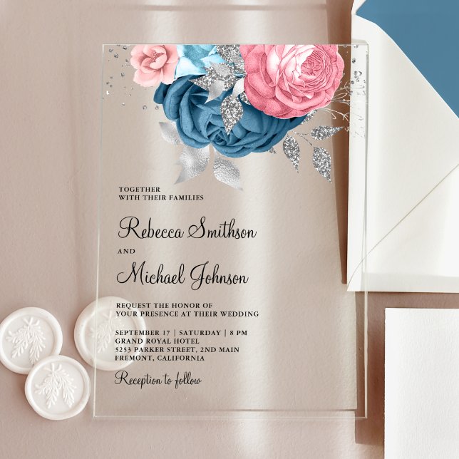 Invitations En Acrylique Blush Pink Dusty Blue Floral Wedding (Créateur téléchargé)