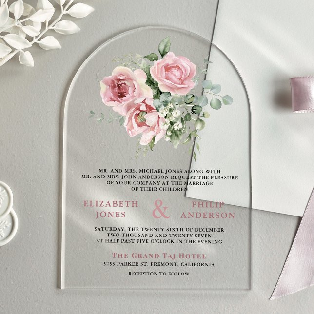 Invitations En Acrylique Blush Pink Floral Eucalyptus Wedding (Créateur téléchargé)