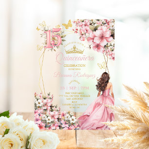 Invitations En Acrylique Blush Rose Fleurs Papillons Dorés Quinceañera