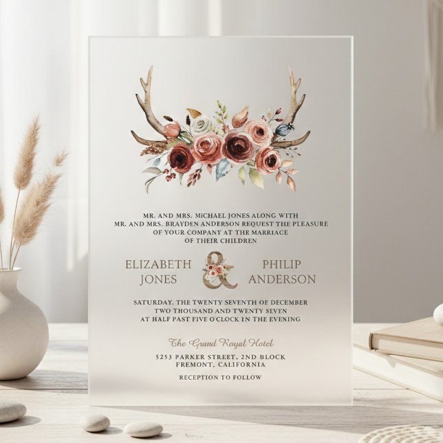 Invitations En Acrylique Boho Antlers Terracotta Floral Wedding (Créateur téléchargé)