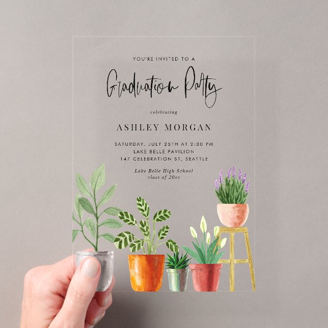 Invitations En Acrylique Boho Aquarelle Poted Houseplants Graduation (In situ (ordinateur de poche))