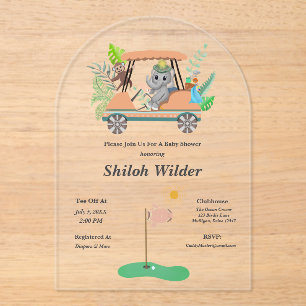 Invitations En Acrylique Boho Baby Elephant & Monkey Golf Baby shower