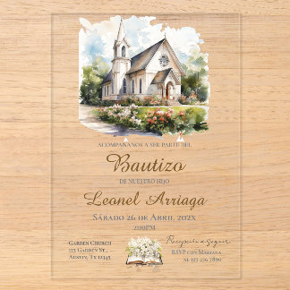 Invitations En Acrylique Boho Baptism in Spanish with church 