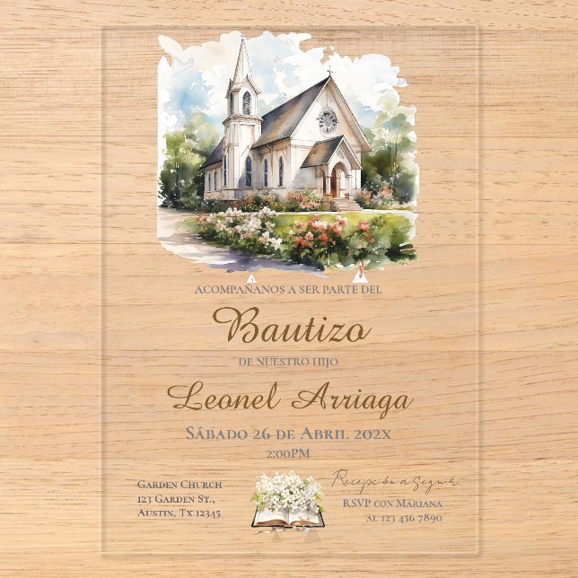 Invitations En Acrylique Boho Baptism in Spanish with church  (Recto)
