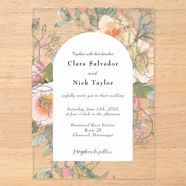 Invitations En Acrylique Boho Botanical Artist Sketch Garden Wedding (Recto)