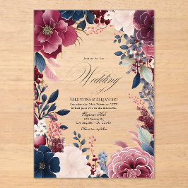Invitations En Acrylique Boho Burgundy et Navy Rustic Floral Mariage