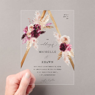 Invitations En Acrylique Boho Cadre rose Pampas Grass Mariage Floral