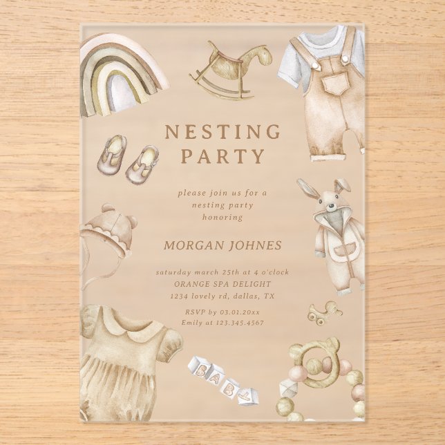Invitations En Acrylique Boho Cloches Nursery Nesting Party (Recto)