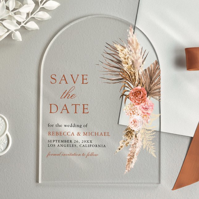 Invitations En Acrylique Boho Earthy Floral Pampas Mariage Enregistrer la d (Créateur téléchargé)