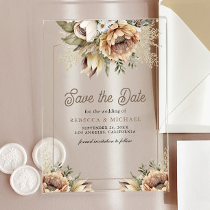 Invitations En Acrylique Boho Earthy Floral Taupe Mariage Enregistrer la da