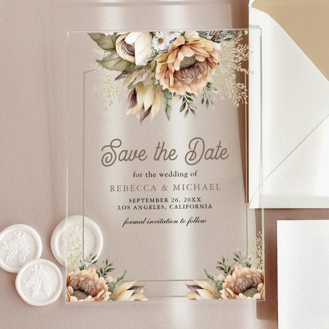 Invitations En Acrylique Boho Earthy Floral Taupe Mariage Enregistrer la da (Créateur téléchargé)