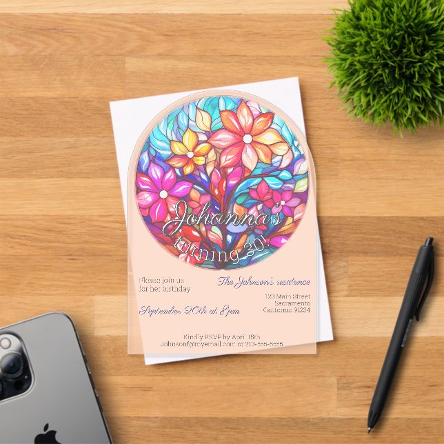 Invitations En Acrylique Boho fleuri vitrail imitation anniversaire (Insitu (Carte d'invitation))