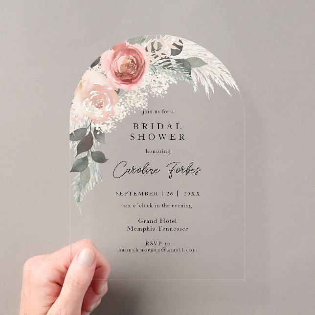 Invitations En Acrylique Boho, Floral, Pampasgras, Fête des mariées d'arc (In situ (ordinateur de poche))