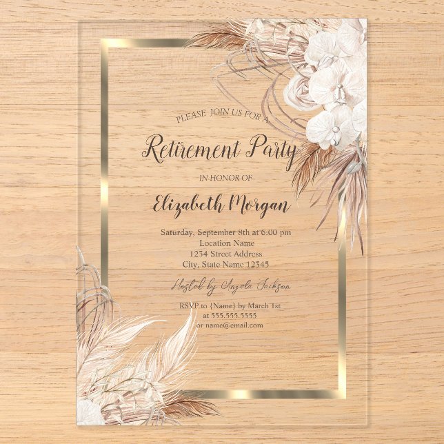 Invitations En Acrylique Boho Flowers Pampas Grass Gold Frame Retirement (Recto)