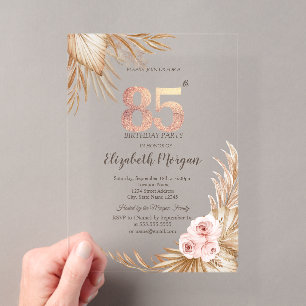Invitations En Acrylique Boho Flowers Pampas Rose Gold 85e anniversaire