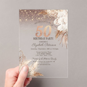 Invitations En Acrylique Boho Flowers, String Lights Parties scintillant 50