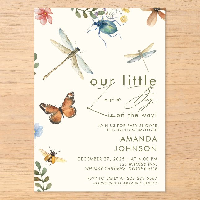 Invitations En Acrylique Boho Love Bug Insects Dragonfly baby shower  (Recto)