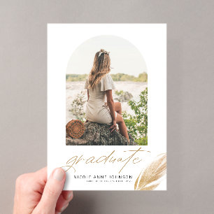 Invitations En Acrylique Boho Or Glitter Plume Blanc Photo Diplôme