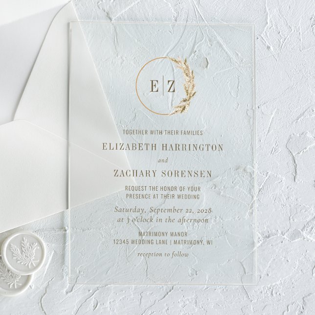 Invitations En Acrylique Boho Pampas Grass Monogramme Mariage de couronne (Créateur téléchargé)