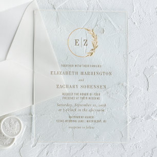 Invitations En Acrylique Boho Pampas Grass Monogramme Wreath Mariage beige